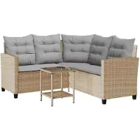 vidaXL Canapé de jardin en L avec table et coussins Beige Poly rotin