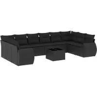 vidaXL Ensemble de salon de jardin 11 pièces avec coussins noir poly rotin