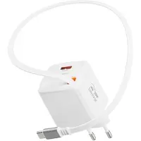 Swissten , chargeur USB-A 30 W avec câble USB-C rétractable intégré de 0,75 m, blanc