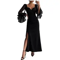 Semoic Robe de Soirée Longue pour Femme, Décolleté en V Profond, Coupe Ajustée, Manches Cloche, Style Formel Noir XL