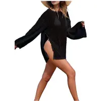 Semoic Caftan Transparent en Crochet pour Femme, Robe de Plage, Maillot de Bain, Paréo 7013 - Noir XXL