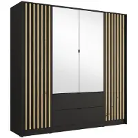 Meublorama Armoire TORVIK 4 portes avec miroirs, tiroirs et tasseaux noir et chêne 200 cm