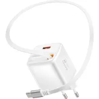 Swissten , chargeur USB-A 45 W avec câble USB-C rétractable intégré de 0,75 m, blanc
