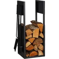 Relaxdays Étagère à bois avec couverts, en métal, dimensions : 76,5 x 36 x 30 cm, compartiment intérieur pour le bois de chauffage, bûches et bois de chauffage, noir