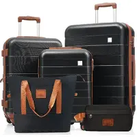 Flieks Set de valises de haute qualité 5 pièces, valise avec trousse de toilette, set de valises de voyage avec 4 roulettes et serrure TSA, trolley léger à coque dure, M-L-XL, noir