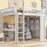 Sweiko Lit surélevé, 140x200cm , Bureau, Armoire, 3 tiroirs, Rangement ouvert, Rampe, Escalier, Sans matelas, Blanc