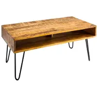 Meublorama Table basse SILVA 100 cm en bois de manguier massif et métal noir – 2 niches
