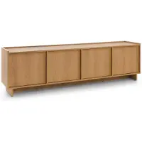 Bettso Meuble TV bas SUNA, style Japandi, en chêne caramel, sans poignées, XL, pour salon, 4 compartiments, 195 x 55 x 39 cm, compatible avec les robots aspirateurs