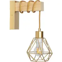 Alpinaluz MARKUS : applique murale vintage de style industriel en bois et métal, avec douille E27, câble réglable et abat-jour géométrique en fil de fer, dorée