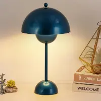 Alpinaluz Lampe de table bleu marine en forme de champignon avec pot de fleurs - métal, 34 cm, douille E27 pour chambre à coucher, salon, chambre d'enfant, bureau ou étude