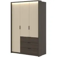 Meublorama Armoire VALDORA 3 portes avec LED et 3 tiroirs chêne foncé et beige 139 cm