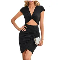 Tlily Robe Moulante Froncée à Col en V pour Femme, Noire, Taille M