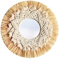Tlily Nordic Straw Woven Hotel Bed et Breakfast Mur Boho DéCor Miroir Tissé à la Main DéCoration Murale Macramé Miroir DéCoratif