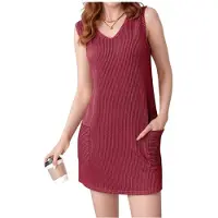 Tlily Robe D'Été Sans Manches à Col en V Rouge Vin M