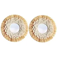 Torribaly 2X Nordic Straw Woven Hotel Bed et Breakfast Mur Boho Décor Miroir Tissé à la Main Décoration Murale Macramé Miroir Décoratif