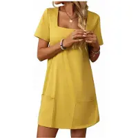 Typecat Robe Décontractée à Manches Courtes et Col Carré pour Femme, Couleur Unie, avec Poches, Jaune, Taille XXL