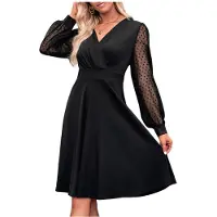 Tlily Robe Courte Froncée à Col en V pour Femme, Noire, XL