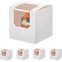 Melitt 100 PièCes BoîTe à Cupcake Blanche Individuelle avec Insert, Petites BoîTes à Pâtisserie avec FenêTre Transparente