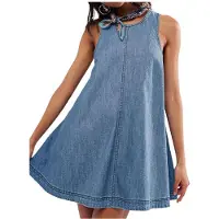 Wella Robe Babydoll en Jean Sans Manches pour Femme, Style Décontracté D'Été, Coupe Trapèze, Fluide, avec Poches Bleu Clair L