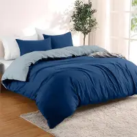 OEM Ensemble de literie 200 x 200 cm, 2 oreillers, 100 % microfibre, 3 pièces, sans produits chimiques, bleu foncé/gris-bleu