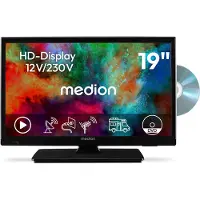 Medion Téléviseur HD 47 cm (19 pouces) avec lecteur DVD (parfait pour le camping-car, le camion et le jardin, adaptateur voiture 12V, récepteur triple tuner, HDMI, USB, MD 819001)
