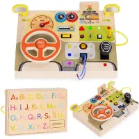 Ecotoys Tableau de manipulation en bois avec LED et capteurs pour enfants : panneau éducatif en forme de volant de voiture, 14 éléments