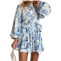 Semoic Robe Midi Élégante à Manches Longues et Taille Nouée pour Femme, Imprimé Oriental, Style Chic et Tendance Bleu XL