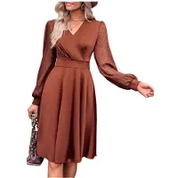 Tlily Robe Courte Froncée à Col en V pour Femme Caramel M