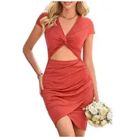 Tlily Robe Moulante Froncée à Col en V pour Femme Rouge Brique M
