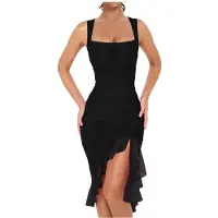 Typecat Robe Mi-Longue Moulante Froncée pour Femme, Col Carré, Sans Manches, Ourlet à Volants, Robe Débardeur de Soirée, Noire, XL