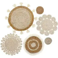 Wella 6 PièCes Boho Mur Panier DéCor Ensemble Tissé Rotin Plat Paniers Tenture Murale DéCor à la Main Glands Fleur Paniers Muraux DéCor
