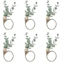 Wella Ronds de Serviette Ensemble de 6 Ronds de Serviette en Bois D'Eucalyptus Rustique Boho Feuille Bois Perle Ferme Porte-Ringe de Serviette