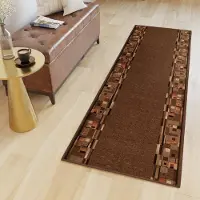 Tapiso Tapis au mètre pour couloir, salon, chambre à coucher, à poils courts, design moderne, antidérapant, marron et orange, motifs carrés et figuratifs, cuisine, 67 x 640