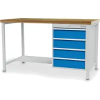 Bedrunka & hirth Établi, L x P x H 2000 x 750 x 859 mm, plateau en hêtre 40 mm, 4 tiroirs 150 mm, 1 tablette en acier, RAL 7035/5012