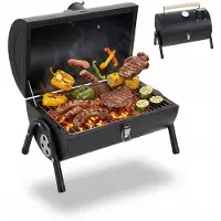 Relaxdays Barbecue de camping , 2 bacs à charbon, thermomètre, conduit d'évacuation des fumées, H x L x P : 35 x 41 x 29 cm, barbecue de table portable, noir