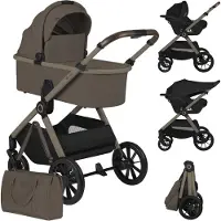Lionelo Poussette 3 en 1 Layla : coque, nacelle et poussette canne jusqu'à 22 kg, nacelle jusqu'à 9 kg, roues enPolyuréthanepivotantes à 360°, capote XXL - Beige