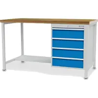 Bedrunka & hirth Établi, L x P x H 1500 x 750 x 859 mm, plateau en hêtre 40 mm, 4 tiroirs 150 mm, 1 tablette en acier, RAL 7035/5012