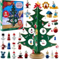 Sonstiges Calendrier de l'Avent 2024 avec sapin de Noël en bois, 28 ornements, compte à rebours de 24 jours