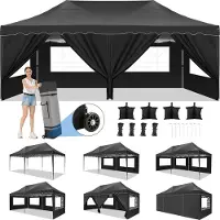 SANOPY Pavillon, pavillon pliant 3 x 6 m, imperméable, protection UV 50+, avec bordure en dentelle, 4 parois latérales et 2 portes à fermeture éclair, sac et sac de sable inclus, noir