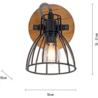 JUST LIGHT Applique, bois brun, grille métallique noire, mobile, H 12 cm