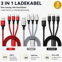 Feilicious Lot de 3 câbles de recharge 3-en-1 USB-C, Lightning et Micro-USB, 1,2 m, E6601