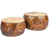 Meublorama Tables basses gigognes GALEA en bois massif de manguier et aluminium bronze – Motif galets décoratif