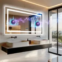 LUVODI WISFOR miroir de salle de bain LED avec haut-parleur Bluetooth, 140×70cm miroir de salle de bain avec éclairage 3 couleurs de lumière, miroir mural LED antibuée à intensité variable