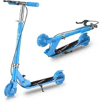 FOXSPORT Trottinette, trottinette pour enfants, trottinette de ville, trottinette à pédales, roues LED, réglable en hauteur, pliable, avec frein à main, supporte jusqu'à 100 kg, bleu