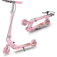 FOXSPORT Trottinette, trottinette pour enfants, trottinette de ville, trottinette à pédales, roues LED, réglable en hauteur, pliable, avec frein à main, supporte jusqu'à 100 kg, rose