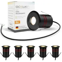 SSC-LUXon 6 pièces JAVO Spots encastrés de sol LED Extérieur 230V Projecteur de sol blanc chaud - Lampe de sol petite praticable IP67 noir Ø 47mm