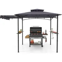 Costway Pavillon de barbecue avec store latéral, double toit, 2 étagères latérales & crochets, pavillon de jardin Abris pour barbecue résistant aux intempéries 318x153x250cm Gris foncé