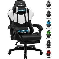 LUCKRACER Chaise de jeu Gaming Chair Chaise de bureau ergonomique avec coussin lombaire Coussin de tête, Chaise gamer réglable en hauteur Charge maximale 150kg, repose-pieds blanc