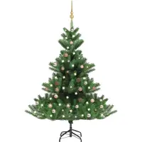 vidaXL Arbre de Noël artificiel Nordmann, avec guirlande lumineuse LED et boules, vert, 150 cm - Arbres de Noël