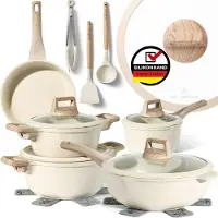 Just perfecto 14 Piece Induction Cookware Set - Beige Cookware Set With Lid For Gas and Induction - PFAS free - Cold grips